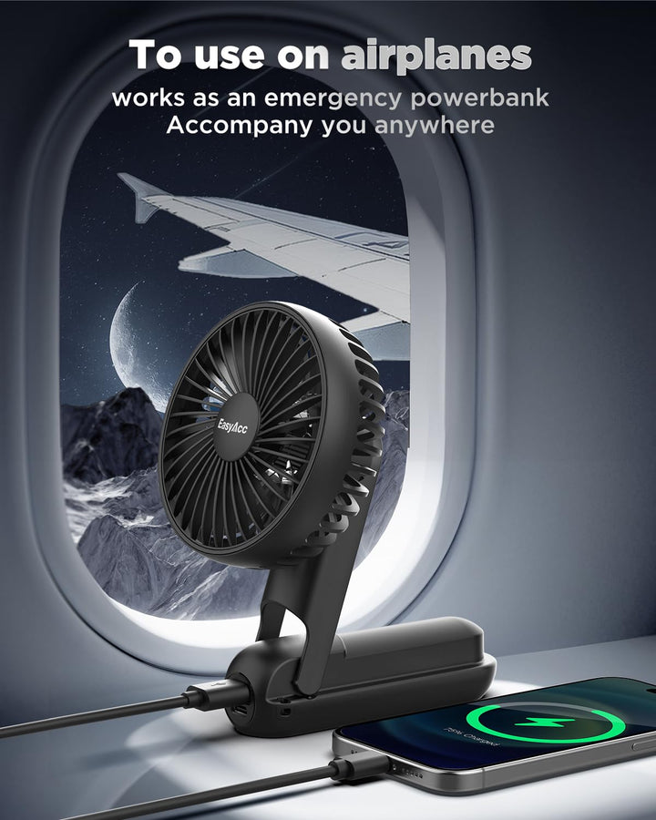 Portable Handheld Fan, Portable Fan for Travel [Ultra Quiet Powerful] 5 Speed Backup Power Digital Display Lanyard Foldable Fan Rechargeable 2600 Battery Hot Flashes Gift Outdoor Black White