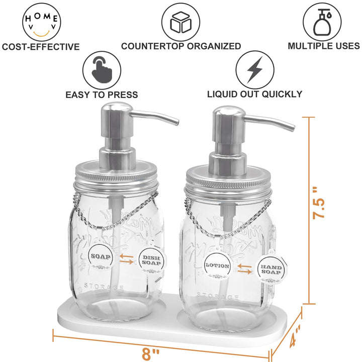 Mason Jar Soap Dispenser Set with 16 Ounce Mason Jar, Non-Slip Coaster, Made from Rust Proof Stainless Steel, Soap Labels-Silver