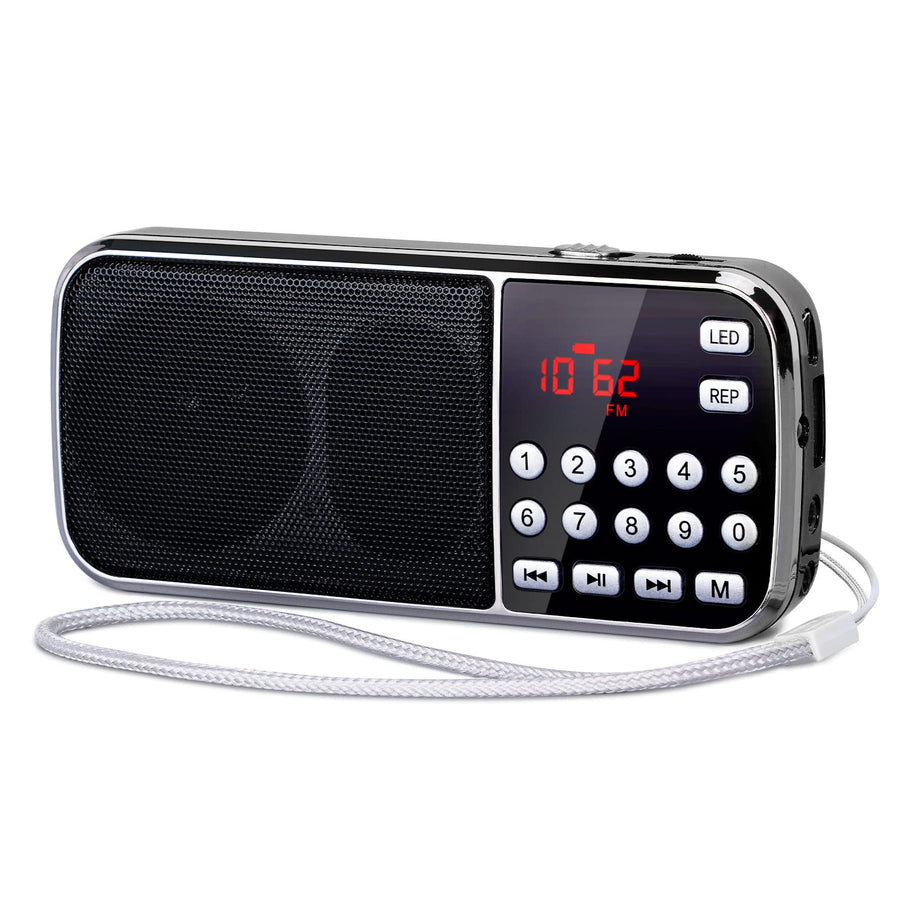 J-189 Bluetooth AM FM Radio, Small Portable Radio - Dual Speaker Heavy Bass, LED Flashlight, Pocket Size, TF Card USB AUX MP3 Player, Rechargeable Battery Operated Small Radio(Black)