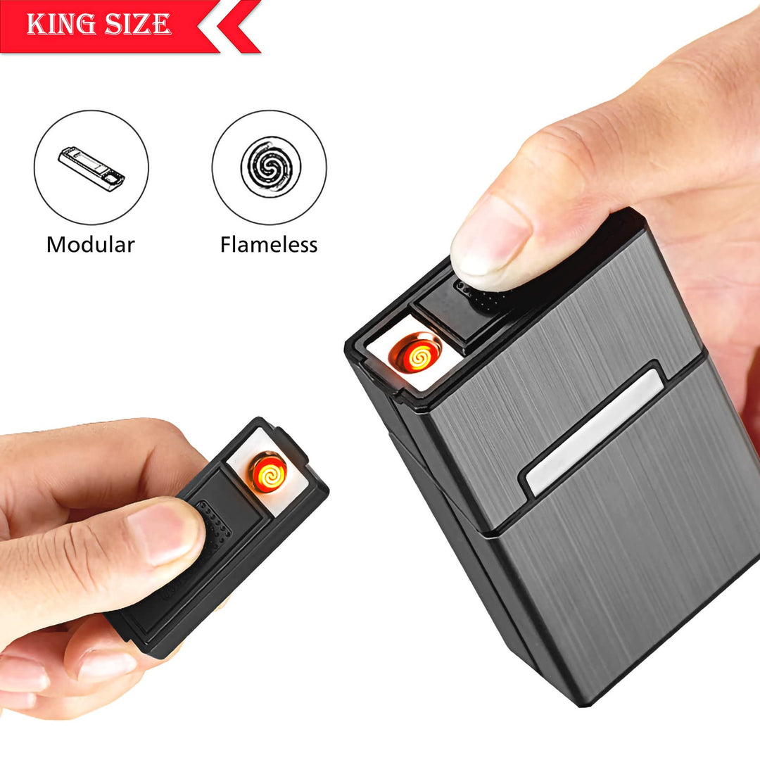 Cigarette Case Aluminum with Electric Lighter &amp; Makeup Mirror for 20pcs Cigarettes 2 Pack (King Size / 84mm with Lighter)