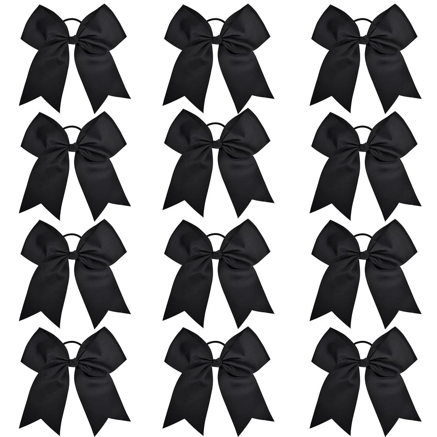 12-Black: 12 Pcs Large Cheer Bows 8 Bulk Hair Bow Accessories With Ponytail Holder For Girls High School College Cheerleading