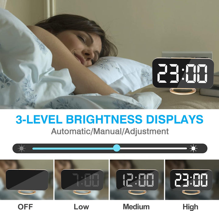 Digital Alarm Clock,6 Large LED Display with Dual USB Charger Ports | Auto Dimmer Mode | Easy Snooze Function, Modern Mirror Desk Wall Clock for Bedroom Home Office for All People (Gold)