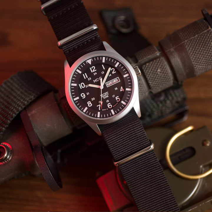 Military Watches for Men Tactical Wrist Watch, Waterproof Outdoor Sport Field Black Mens Analog Wristwatch, Army Casual Work 12/24 Hr Date Day Nylon Band