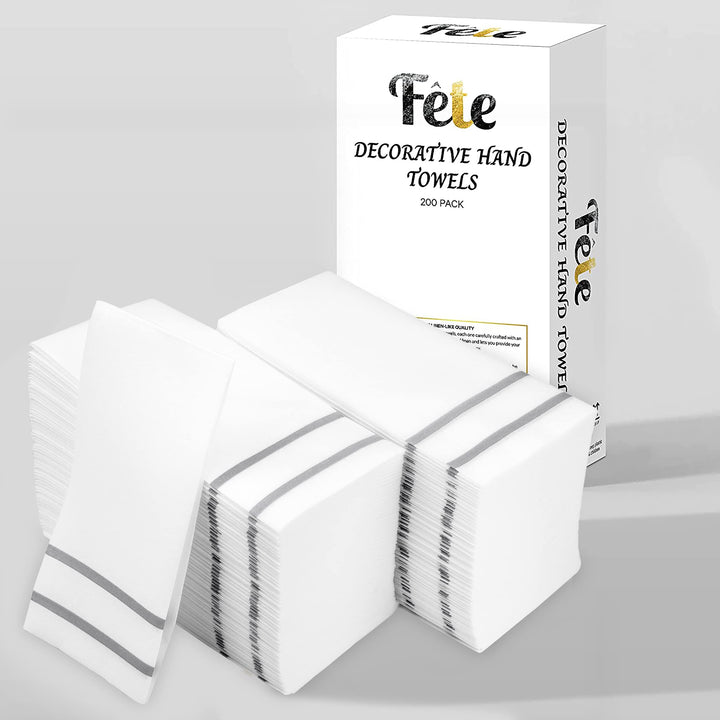 Disposable Hand Towels for Bathroom, Silver Design 200 Disposable Linen-Feel Guest Towels – Formal Dinner, Anniversary, and Wedding Napkins for Tables, Guestrooms, Restrooms - 8.5x 4-Inches Folded,