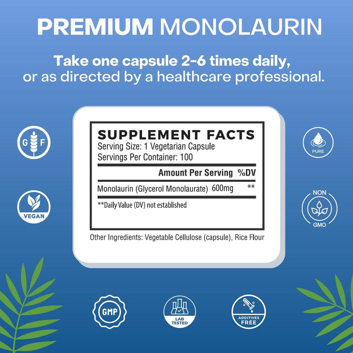 Premium Monolaurin - 600mg, 100 capsules