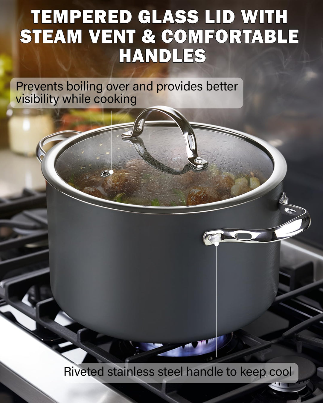 Stock Pot Dutch Oven Casserole with Glass Lid, 7-Quart Classic Hard Anodized Nonstick Stockpot, Black