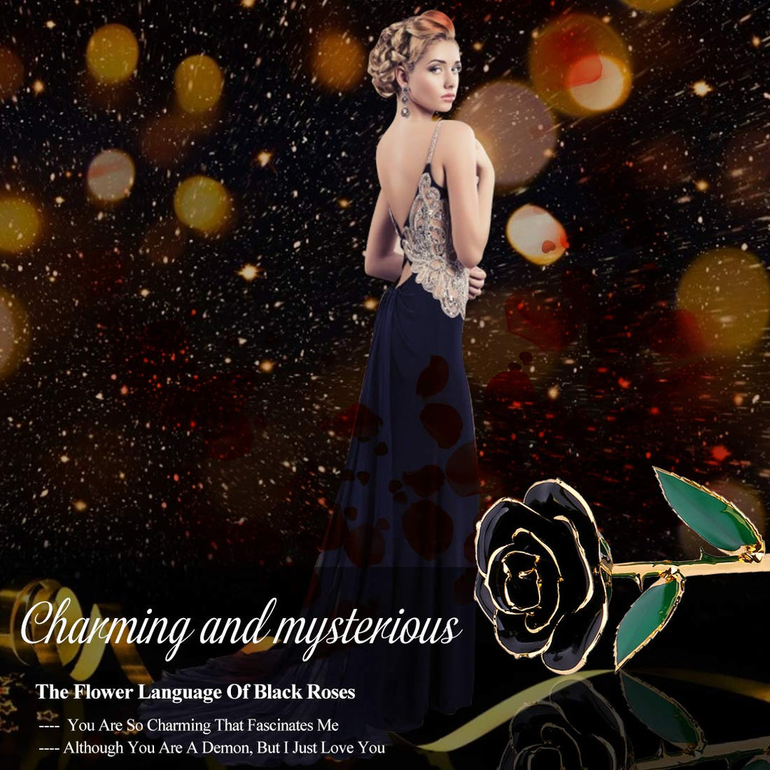 24K Black Rose for Her, Eternal Love Real Gold Plated Rose Flower, Romantic Present for Wife, Mom, Girlfriend, Anniversary, Birthday, Wedding (Black)