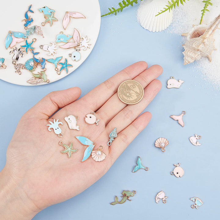 SUNNYCLUE 1 Box 40pcs 10 Styles Ocean Charms Set Mermaid Whale Tail Spiral Shell Sea Stars Octopus Fish Alloy Enamel Charms Pendants for DIY Earrings Necklace Bracelet Making Accessories