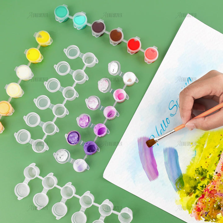 AUEAR 60 Pieces Empty Paint Pot 10 Strips Mini Paint Container with Lid Clear Acrylic Paint Strips for Schools Classrooms Paintings Art Festivals (3ml/ 0.1oz)
