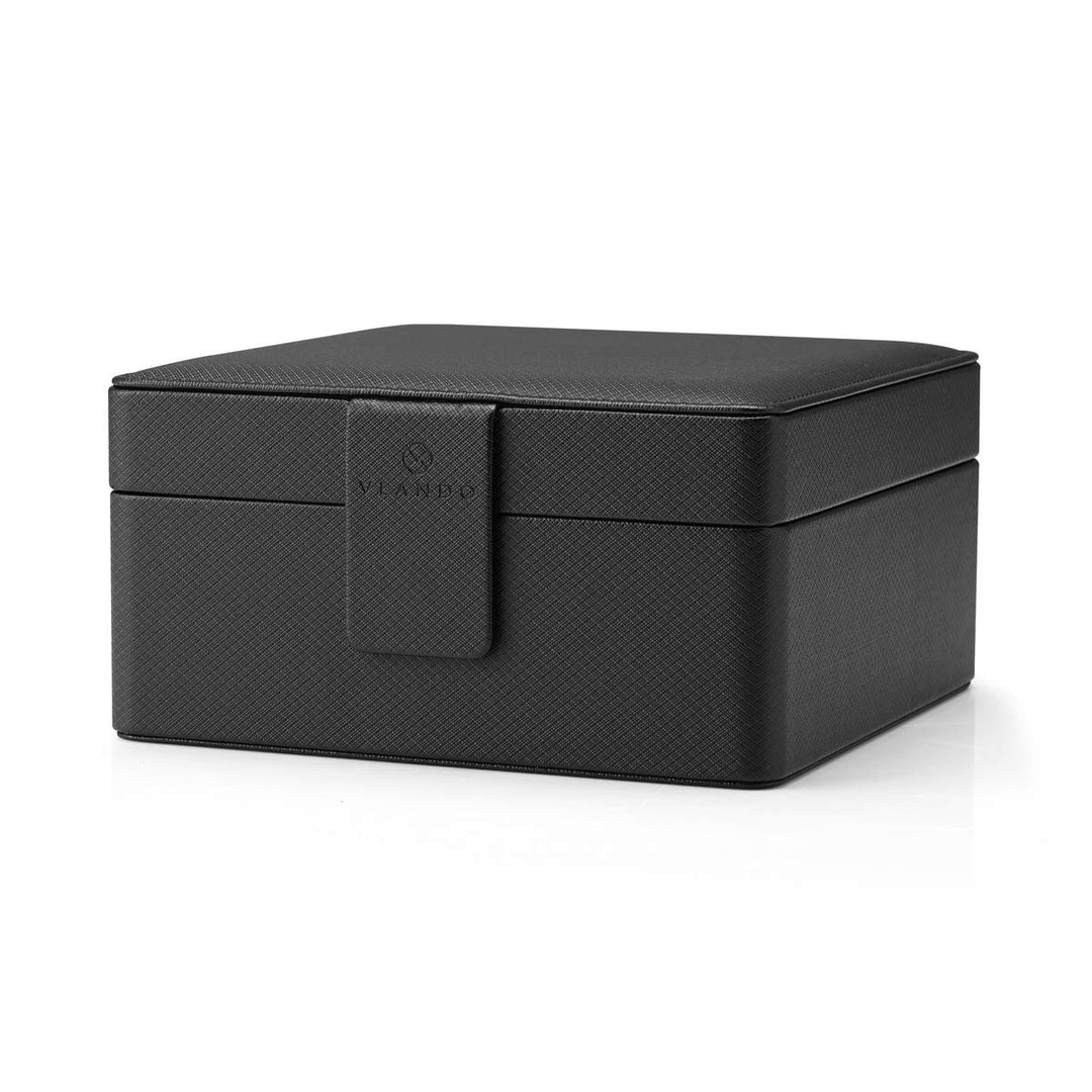 6-Slot Watch Box Organizer Collector - Wooden Case and Snap Fastener Closure - Gift Packing, Black