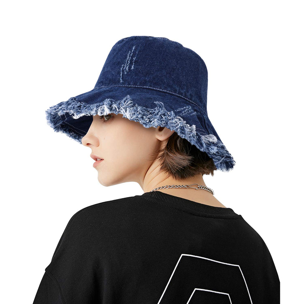 Fray Blue Jean Bucket Hat for Women Retro Mens Fringe Brim Denim Fisherman Caps Packable Spring Summer Sun Hat