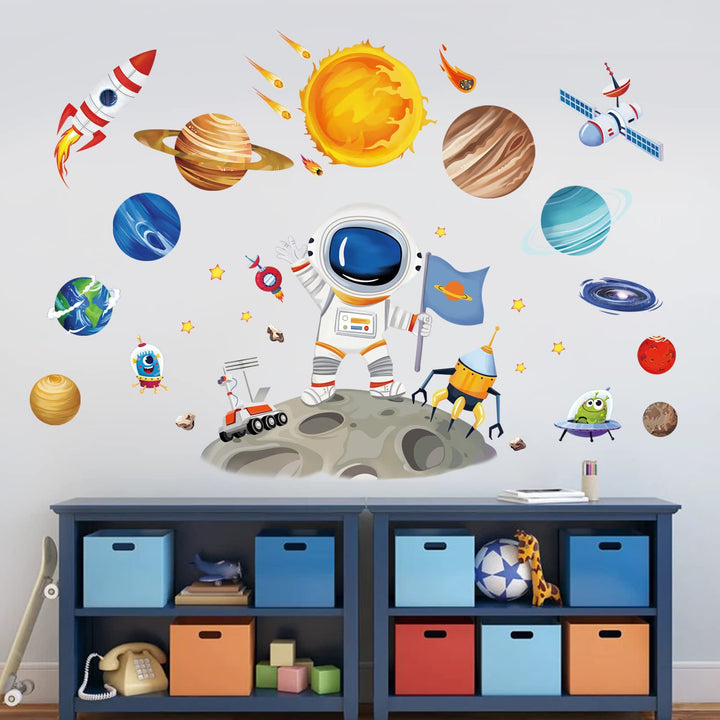 Outer Space Astronaut Wall Stickers Planets Rocket Peel and Stick Wall Art Decals for Baby Nursery Kids Bedroom Playroom