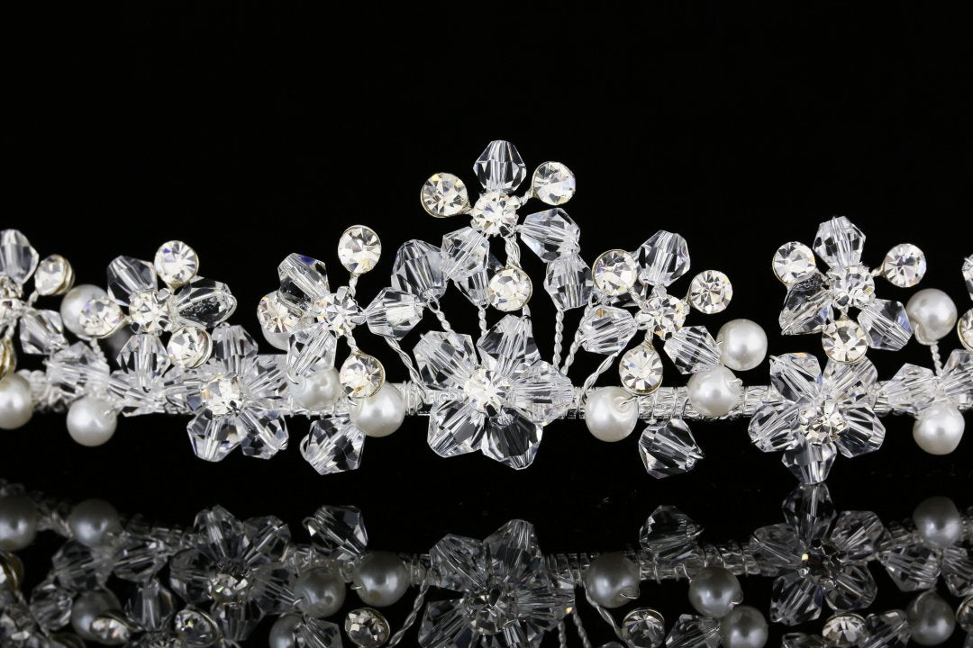 Handmade Bridal Flower Rhinestone Crystal Pearls Prom Wedding Crown Tiara T964