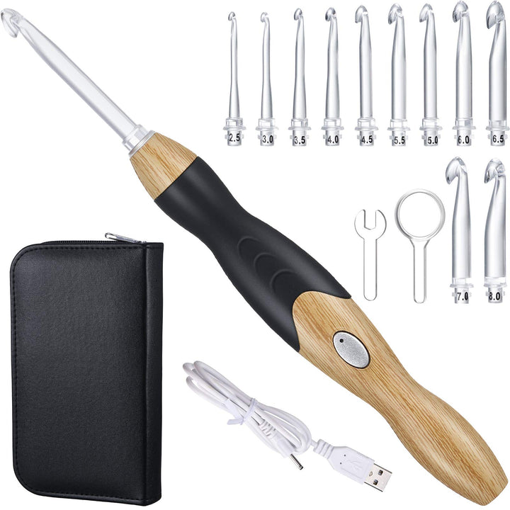 11 Sizes Lighted Crochet Hooks Set Rechargeable Light Up Crochet Hooks with Case, Interchangeable Heads 2.5 mm to 8 mm for DIY Craft Supplies (Wood Color-Black)