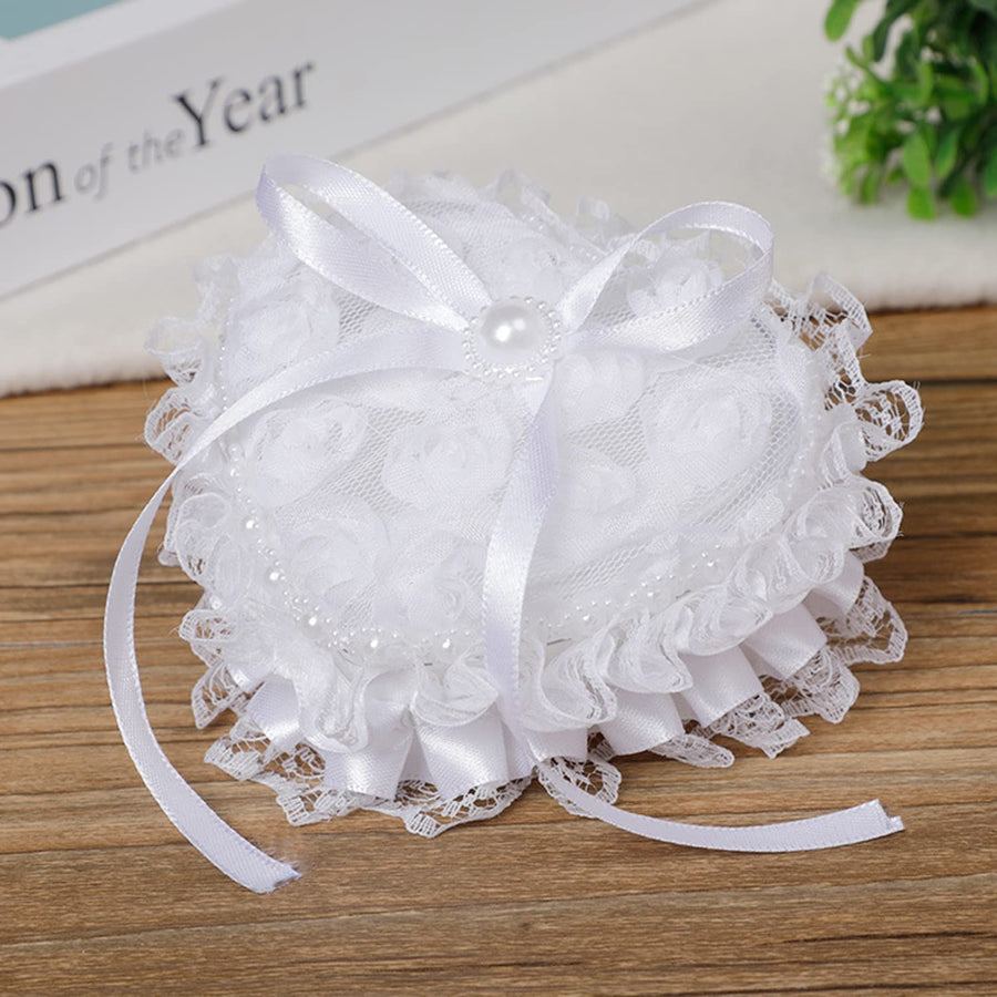 Wedding Ring Pillow Heart Box, White Romantic Lace Pear