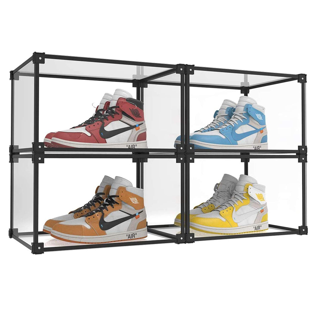Magnetic Side Open Transparent Plastic Storage Shoe Box Storage Shoe Box Sneaker Storage Box Display Box Shoe Container Clear Closet Shelf Shoe Organizer (Black 4PC)