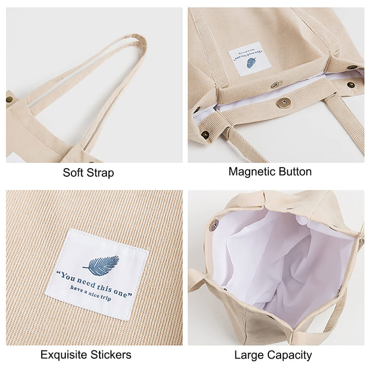 Corduroy Tote Bag for Women Girl Casual Work Canvas Shoulder Handbags Cute Purse Brown