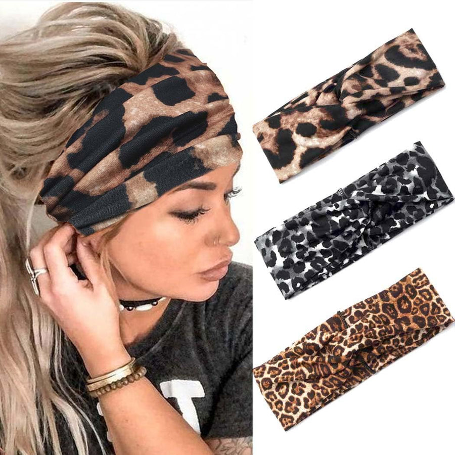 Boho Cross Leopard Headband Wide Elastic Turban Hair Band Yoga Head Wraps for Women and Girls (Pack of 3)