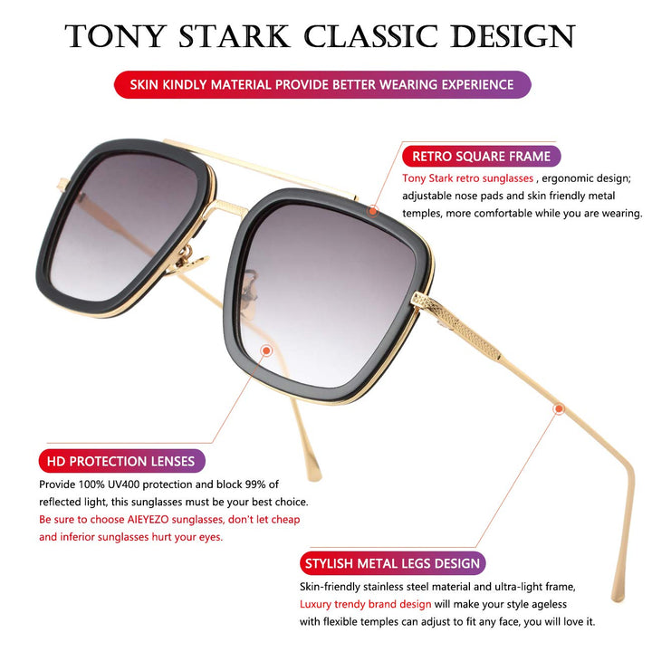 AIEYEZO Tony Stark Sunglasses Vintage Square Metal Fram