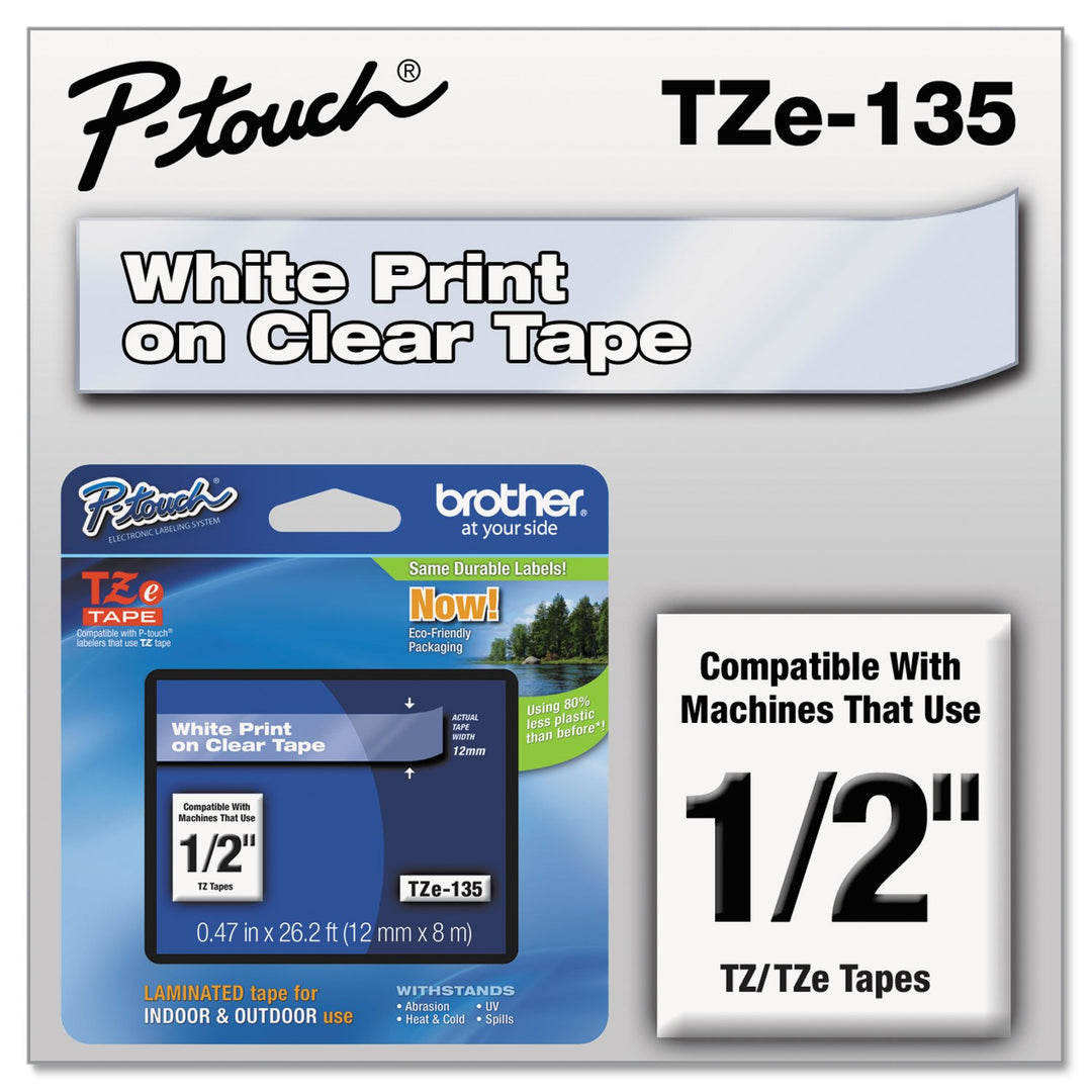 Laminated Tape, Retail Packaging, 1/2 Inch, White, on Clear (TZe135)