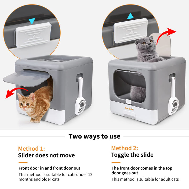 Foldable Cat Litter Box with Lid,Enclosed and Covered Litter Box to Prevent Smell, Anti-Splashing Kitty Potty with Scoop and Mat for Easy Clean, Large Top Entry Cat Toilet with Drawer (Grey)