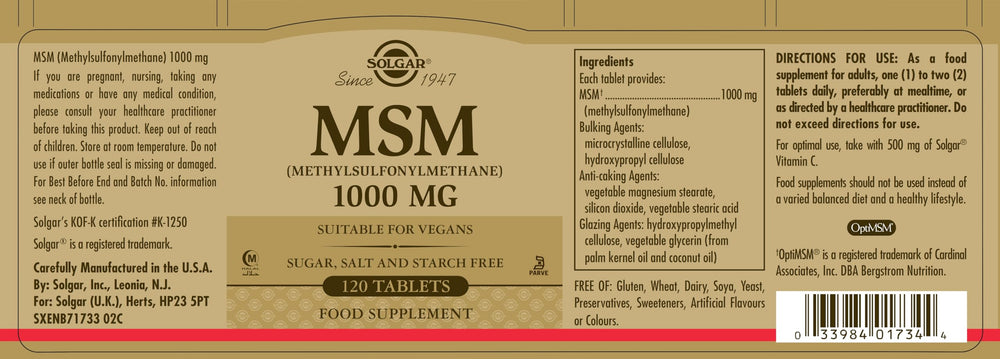 Solgar MSM 1000 mg - 120 Tablets - Supports Joints & Connective Tissue - Non-GMO, Vegan, Gluten Free, Dairy Free, Kosher, Halal - 120 Servings