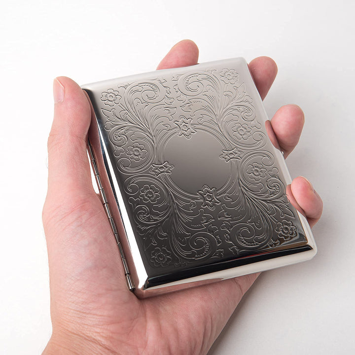 Metal Cigarette Case - Women and Men, Portable Double Sided Spring Clip Cigarette Case, Holds 20 Regular Size Cigarettes, Fits 100mm Cigarettes (Pattern Silver)