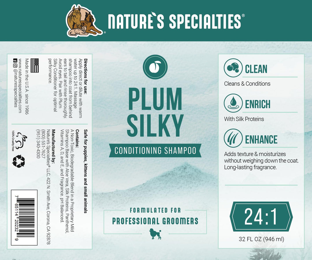 Nature&#39;s Specialties Plum Silky Ultra Concentrated Dog Shampoo Conditioner, Makes up to 6 Gallons, Natural Choice for Professional Pet Groomers, Silk Proteins, Made in USA, 32 oz