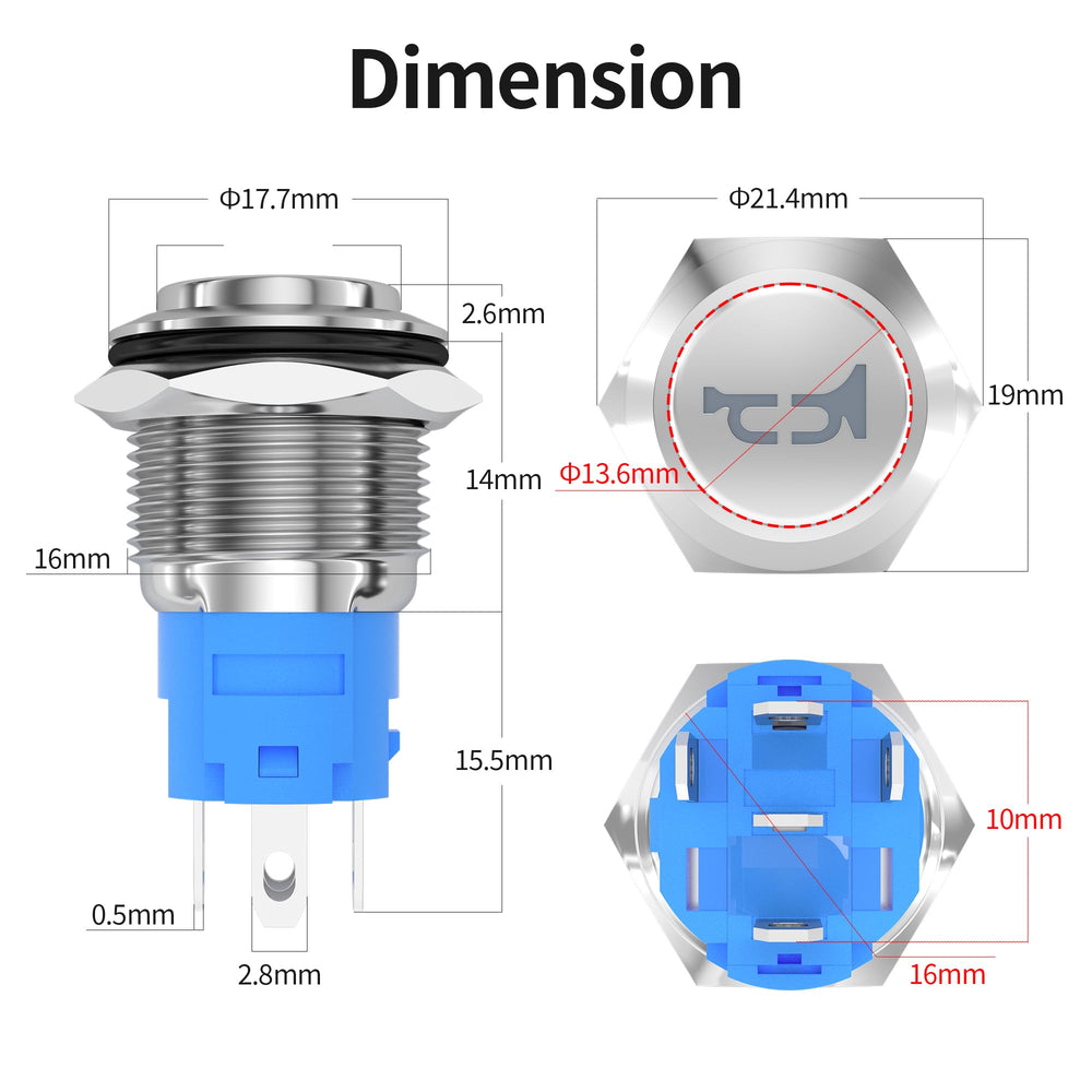 DaierTek Horn Button Switch 12 Volt Momentary Push Button Switch 12V Speaker LED Stainless Steel 16mm Metal Horn Switch for Automotive Car Marine Boat Train