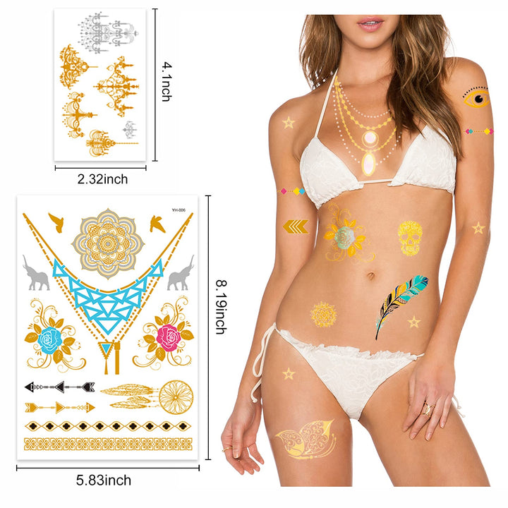Premium Metallic Tattoos - 150+ Shimmer Designs in Gold, Silver, Black and Turquoise - Temporary Fake Jewelry Tattoos - Bracelets, Feathers, Wrist and Arm Bands