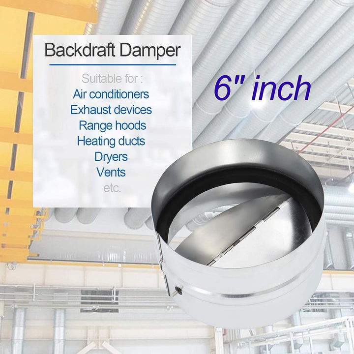 6 Backdraft Damper Duct,One-Way Airflow Ducting Insert with Spring-Loaded Folding Blades,Compatible with Air Conditioners, Range Hoods and Exhaust Fans