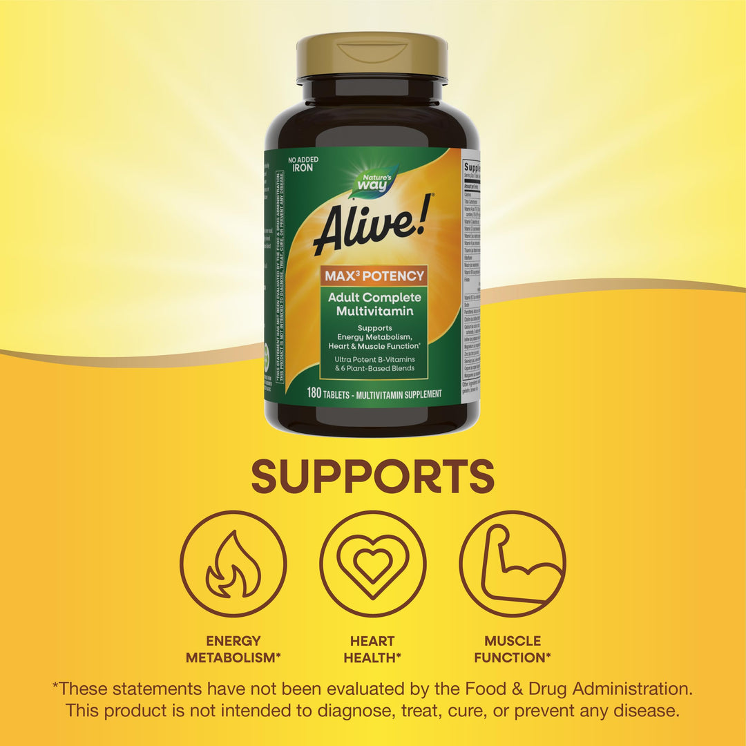 Nature&#39;s Way Alive! Max3 Potency Adult Complete Multivitamin, High Potency B-Vitamins to Support Energy Metabolism*, with Methylated B12 and Folate, No Added Iron, 180 Tablets (Packaging May Vary)