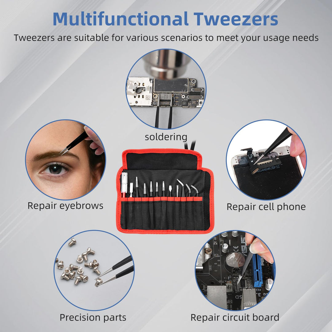 Precision Tweezers Set Anti-static ESD Tweezers Kit, Equipped with carving knife, metal crowbar and storage bag (12 PCS)