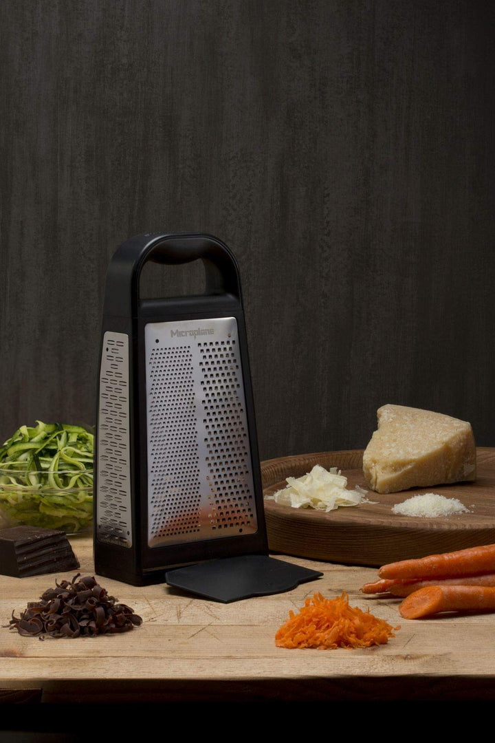 Elite Five Blade Box Grater with Measuring Cup Base, Five Grating Surfaces Including Fine, Coarse, Double-Sided Ribbon, Ultra-Coarse, and Slicer - Black