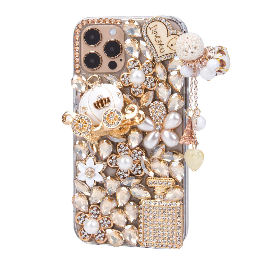 Bling Case, Girls Women 3D Luxury Sparkle Glitter Diamond Crystal Rhinestone Pumpkin Car Charm Pendant Protective Case Cover for iPhone 13 Pro Max 6.7 inch (Champagne)