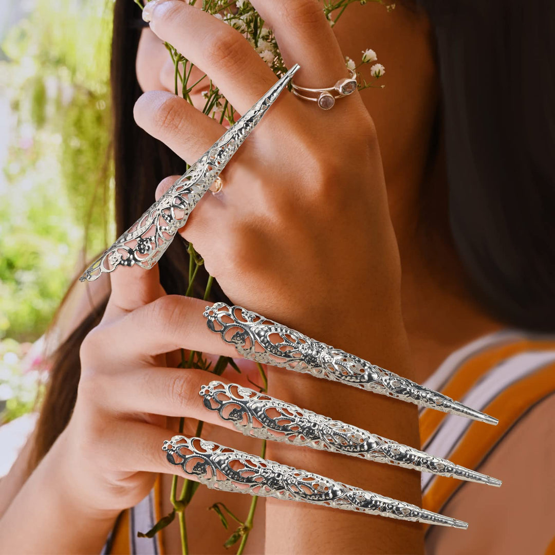 Mwoot 10 Pack Finger Nail Tip Claw Rings, Ancient Queen Costume Fingernail Claw Nail Rings Set, Knuckle Protectors Fingertip Claw for Halloween Cosplay Drama Belly Dance Show - Silver