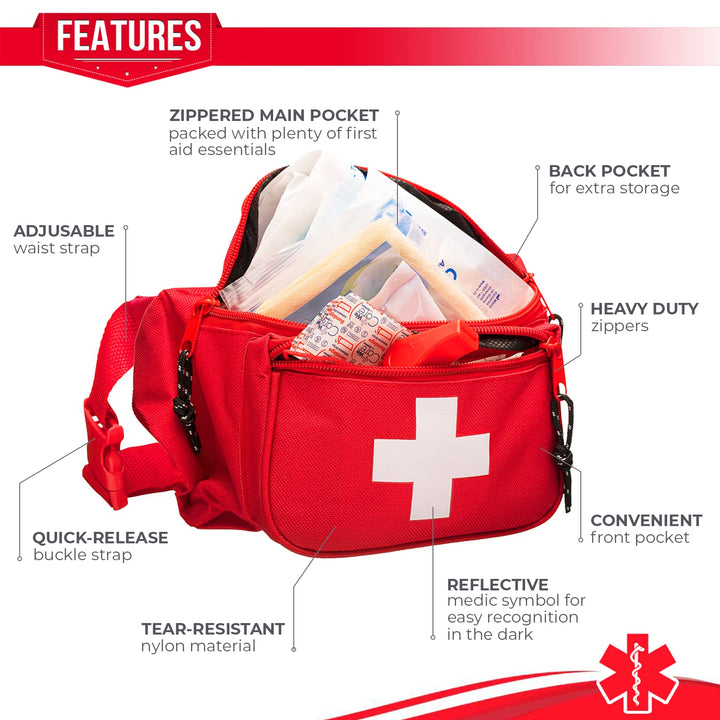 First Aid Fanny Pack Stocked with 75 Piece Emergency Essentials, 8x2x6, Waist Bag w/ 3 Zippered Compartments &amp; Adjustable Strap for Lifeguard, Hiking, Travel Men &amp; Women, Durable, Red