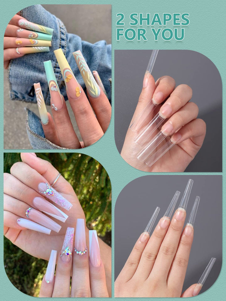 440PCS Extra Long Clear Nail Tips, 1Pack Half Cover Clear Coffin Nail Tips with 1Pack C Curve Nail Tips for Acrylic Nails Professional, XL Long Straight Square Ballerina Nail Tips for Nail Salons Home