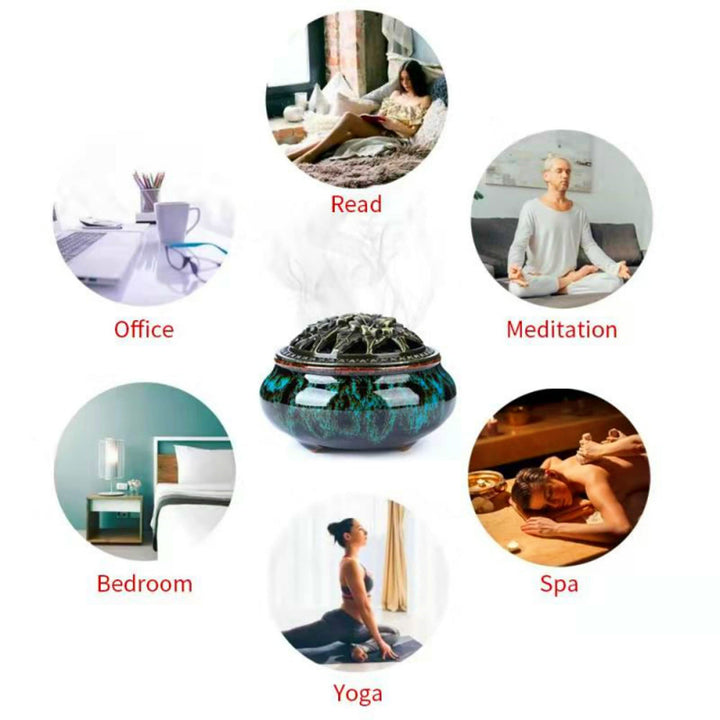 LAMDAWN Ceramic Incense Burner with Incense Stick Holder + Insulation use for Stick or Coil Incense, Sage Cones and Frankincense (Fambe Blue)