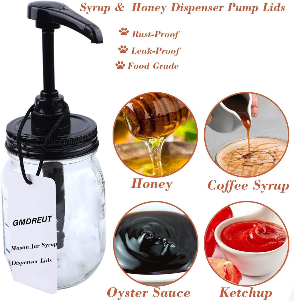 Mason Jar Syrup & Honey Pump Dispenser Lids For Regular Mouth Jar (2 Pack) Coffee Syrup Dispenser Food Grade, Airtight & Leak & Rust Proof Sauce Dispenser Pump Lids (Jar Not Included)