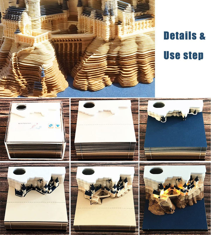 1Pc 160 Sheets Memo Pads Paper Art with Light, Castle 3D Stick Notes Convenience Stickers Papers Card Craft, Original DIY Post Notes Notepad