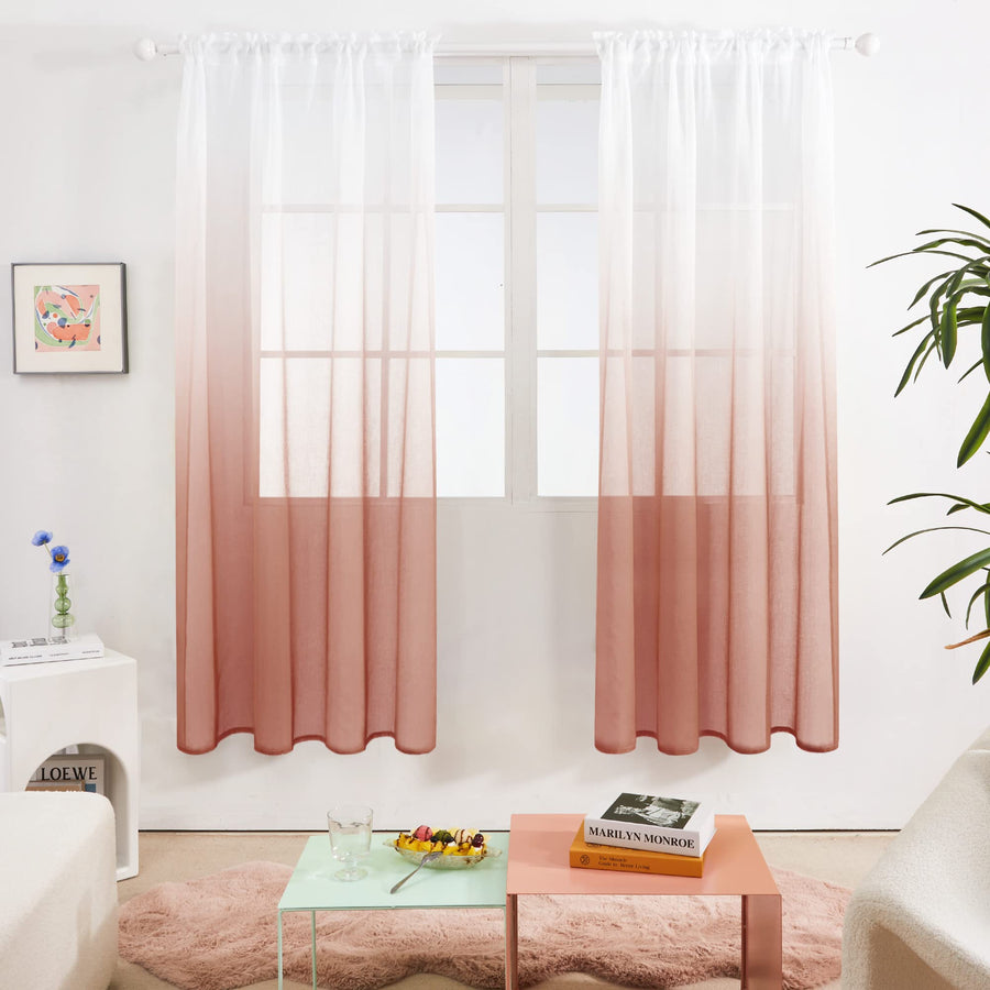 Faux Linen Gradient Reddish Brown Sheer Curtains, Ombre Voile Curtains - 52x72 Inch, 2 Panels, Rod Pocket Gradient Sheer Curtains for Bedroom, Reddish Brown
