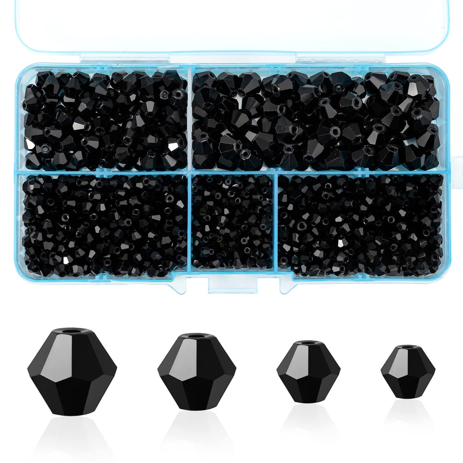 Bicone Crystal Beads for Jewelry Making, Lot 850pcs 3mm 4mm 6mm 8mm Black Faceted Bicone Shaped Glass Beads for DIY Craft Bracelets Necklaces Earrings Suncatcher Beading