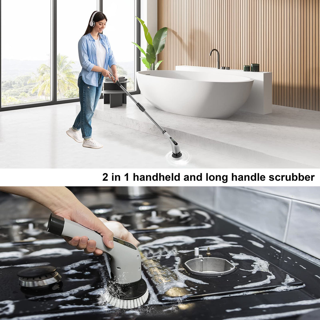 Granvell Electric Spin Scrubber, Power Shower Scrubber with 7 Brush Heads, Portable Household Tools &amp; Cordless Cleaning Machine, Bath Tub Scrub with Long Handle for Bathroom Floor Tile(Grey)