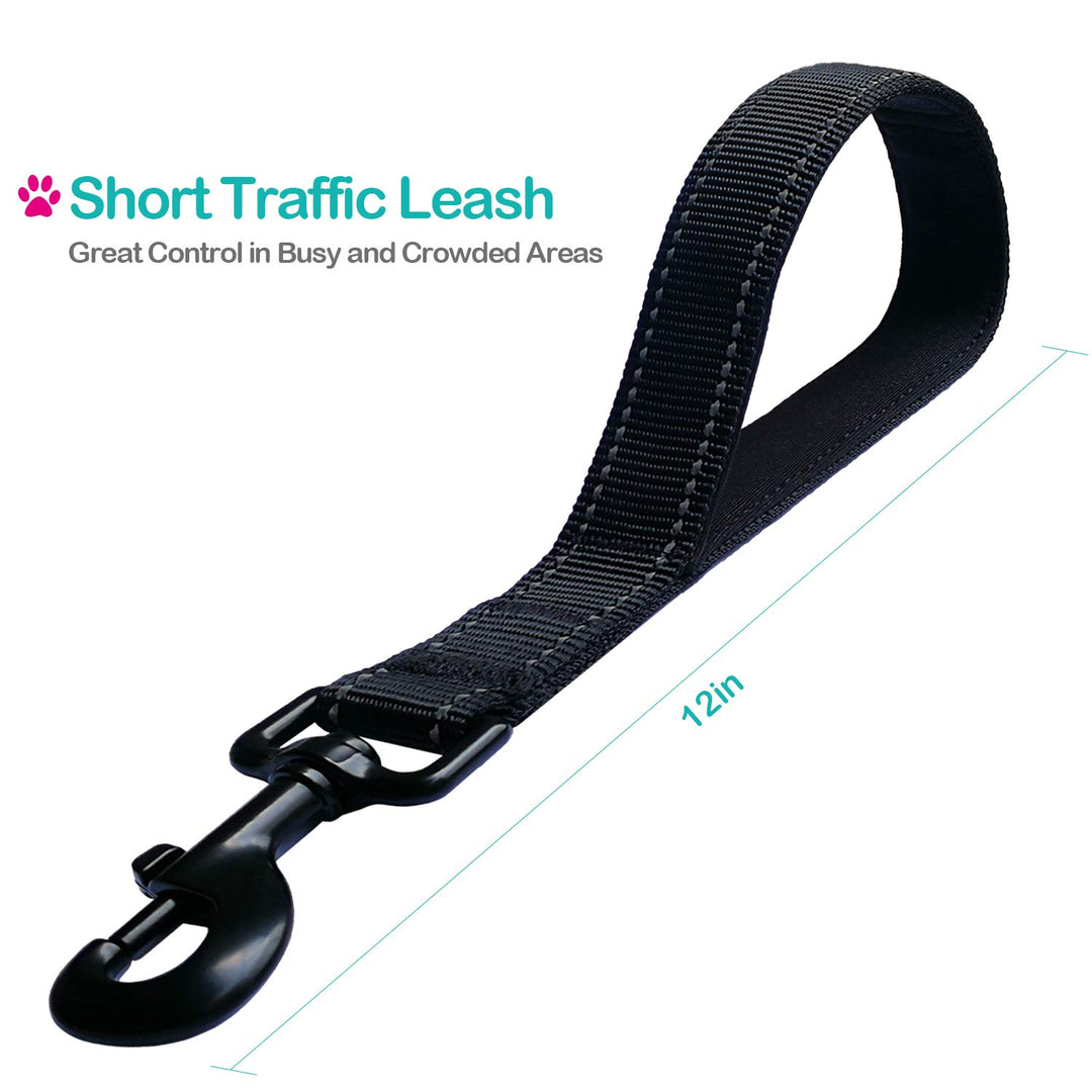Short Dog Leash - Traffic Padded Handle - Heavy Duty - Short Nylon Dog Lead for Training Control - Reflective Threads Pet Leashes for Large Dogs and Medium Dogs (12 Inch, Black)