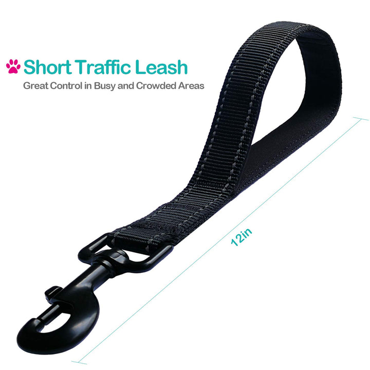 Short Dog Leash - Traffic Padded Handle - Heavy Duty - Short Nylon Dog Lead for Training Control - Reflective Threads Pet Leashes for Large Dogs and Medium Dogs (12 Inch, Black)