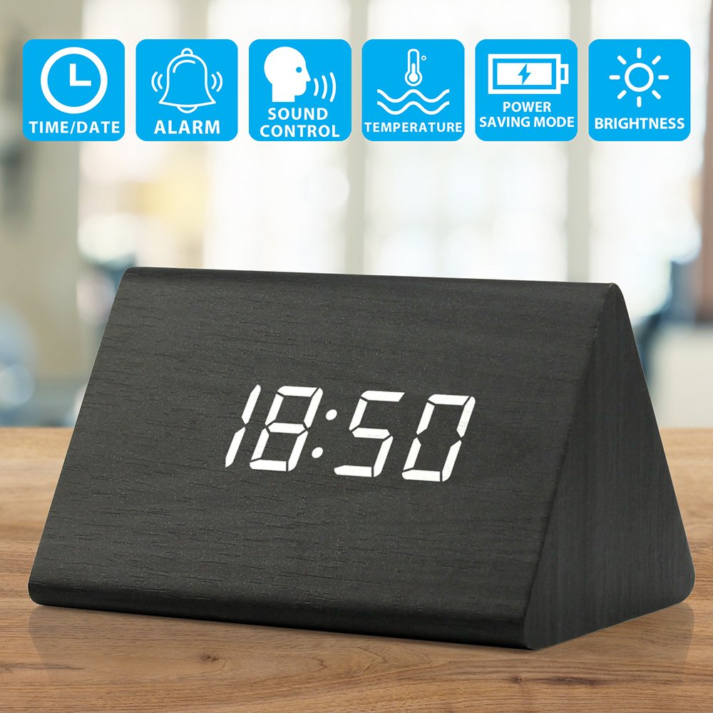 Wooden Wood Clock, New Version LED Alarm Digital Desk Clock Adjustable Brightness, Alarm Time, Displays Time Date Temperature - Black