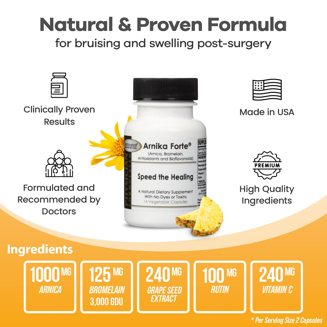 Arnika Forte - Natural Dietary Supplement with Arnica, Bromelain, Antioxidants, and Bioflavonoids - 14 Vegetable Capsules for Bruises and Swelling Reducer - Post Surgery Supplements