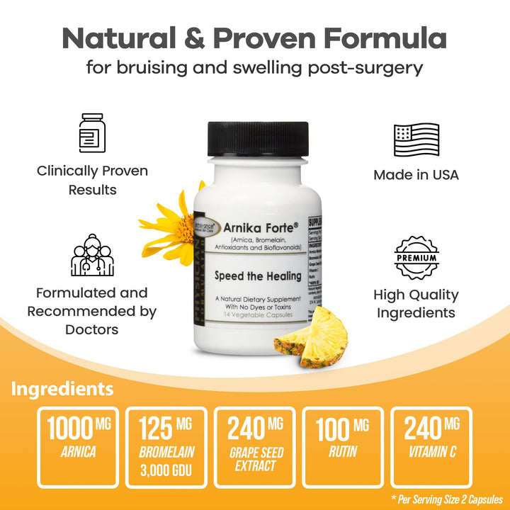 Arnika Forte - Natural Dietary Supplement with Arnica, Bromelain, Antioxidants, and Bioflavonoids - 14 Vegetable Capsules for Bruises and Swelling Reducer - Post Surgery Supplements