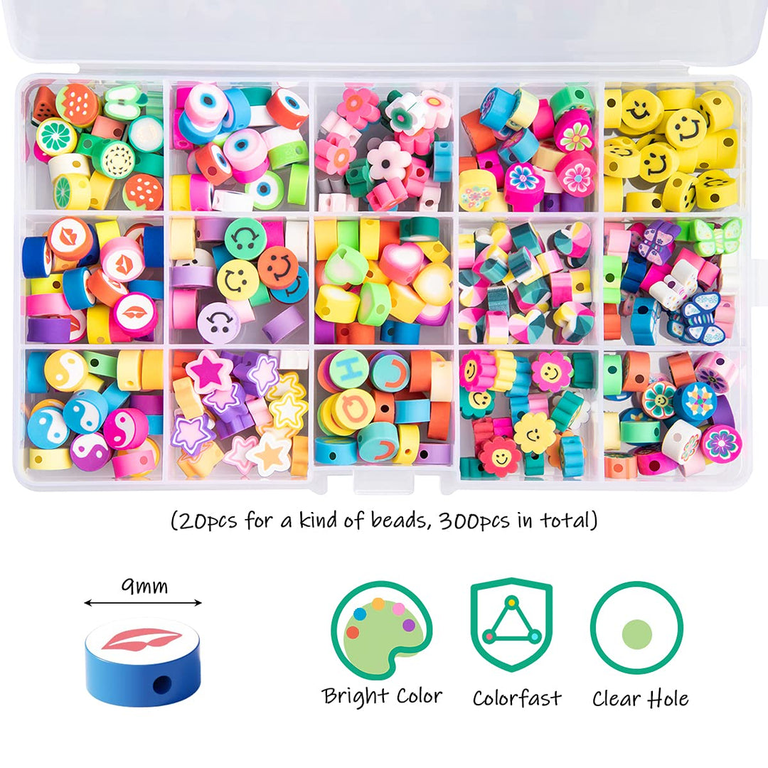 Smiley Face Beads - 300pcs DIY Polymer Clay Preppy Beads Mix Flower Heart Beads with String, Fruit Beads, Star Beads - Cute Clay Beads for Jewelry Making - Fun Beads Clay Charms for Bracelets